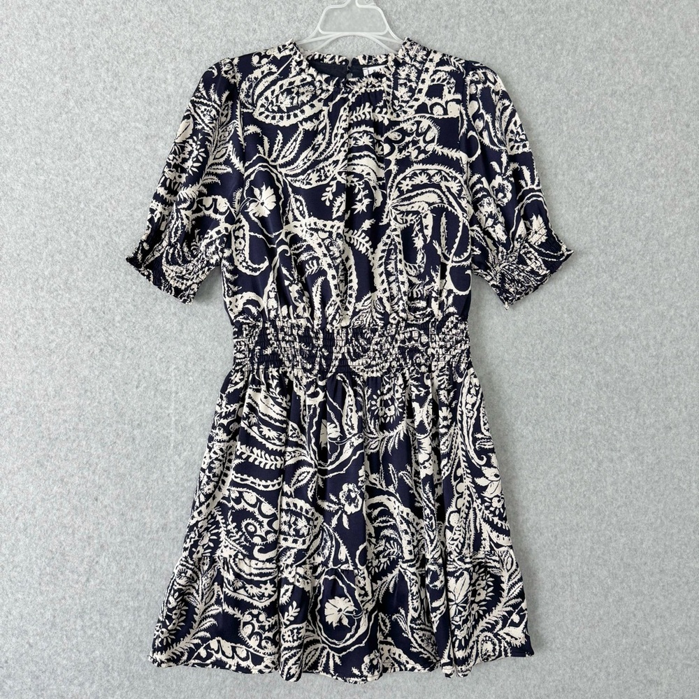 THML Womens Dress Size Small Blue White Floral Paisley Smocked Waist Ruffle Mini